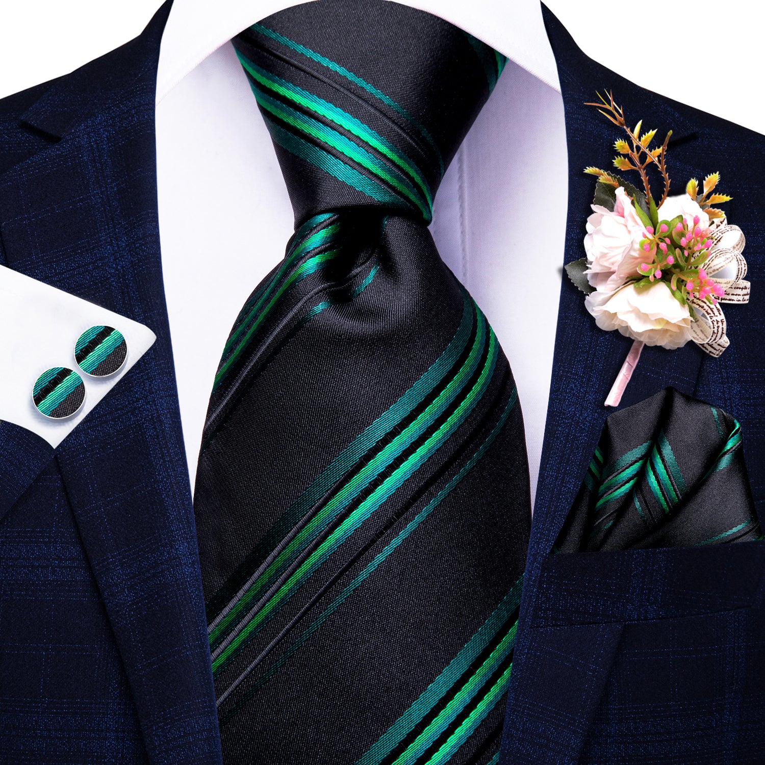 Black Green Striped Tie Hanky Cufflinks Set with Wedding Brooch