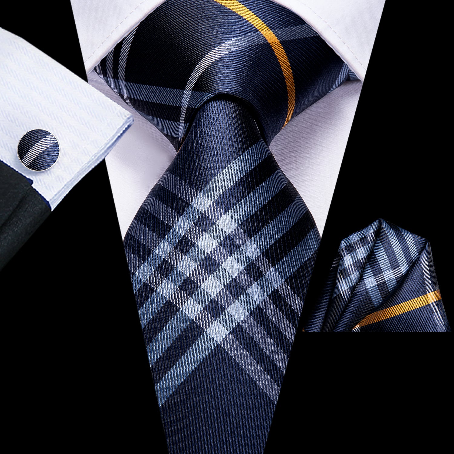 Navy Blue Necktie Yellow Plaid Tie Pocket Square Cufflinks Set for men