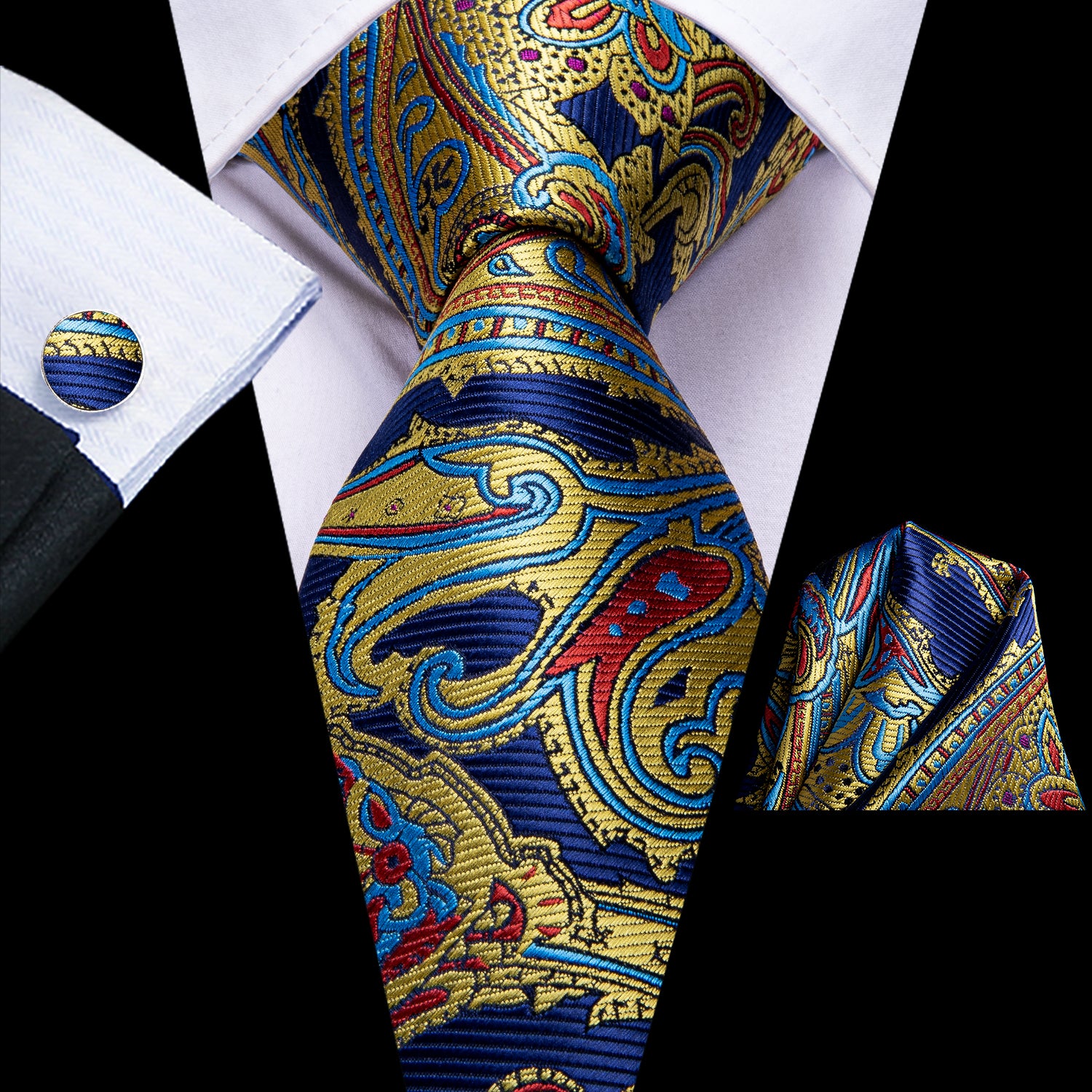Blue Yellow Floral Silk Tie Pocket Square Cufflinks Set for Men