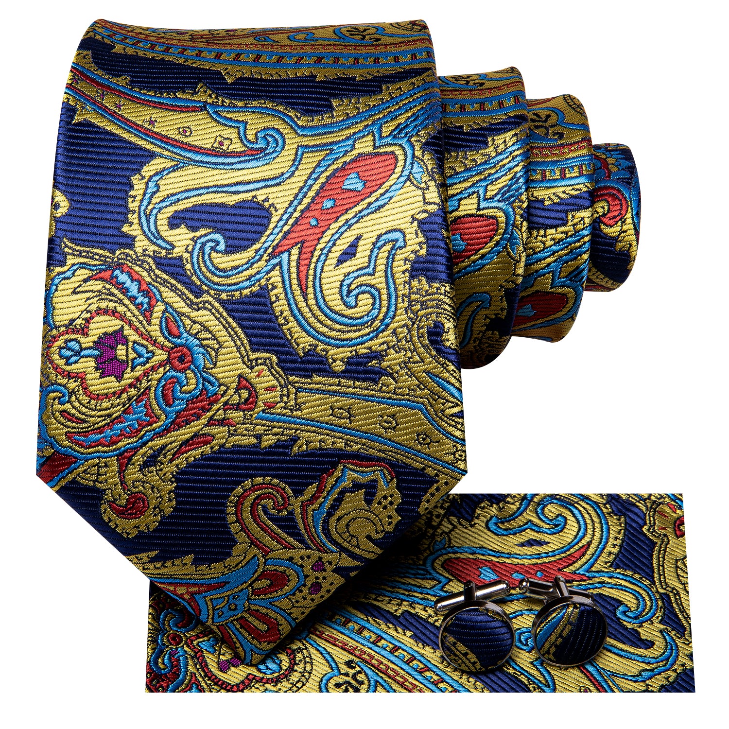 Blue Yellow Floral Silk Tie Pocket Square Cufflinks Set for Men