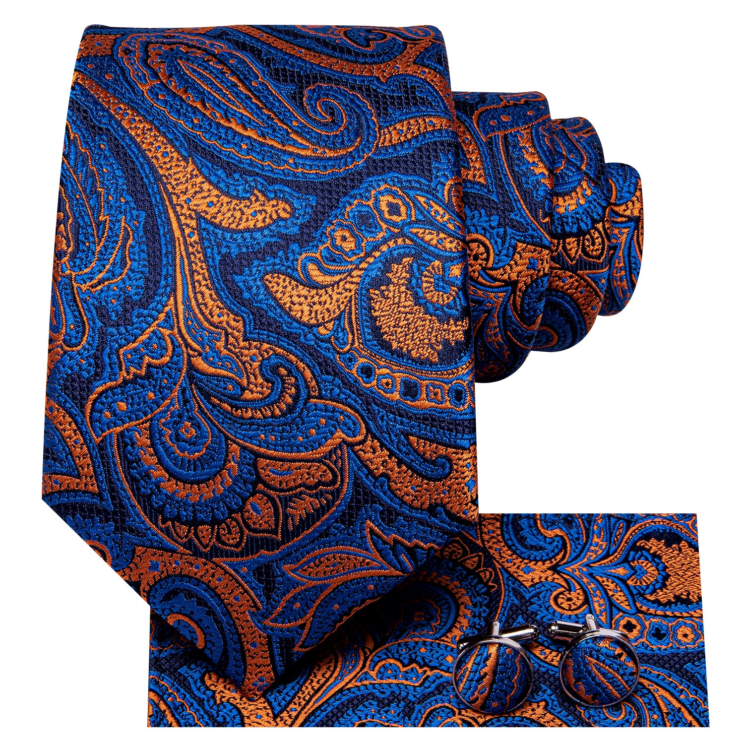 Blue Yellow Floral Silk Tie Pocket Square Cufflinks Set for Men
