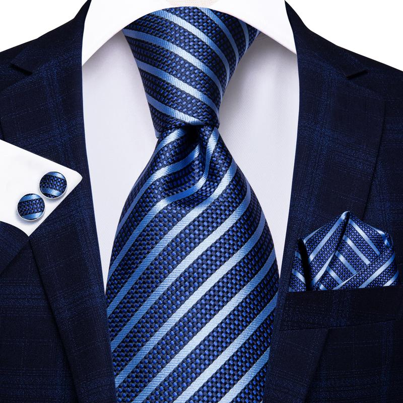 Blue Striped Silk 63 Inches Extra Long Tie Handkerchief Cufflinks Set