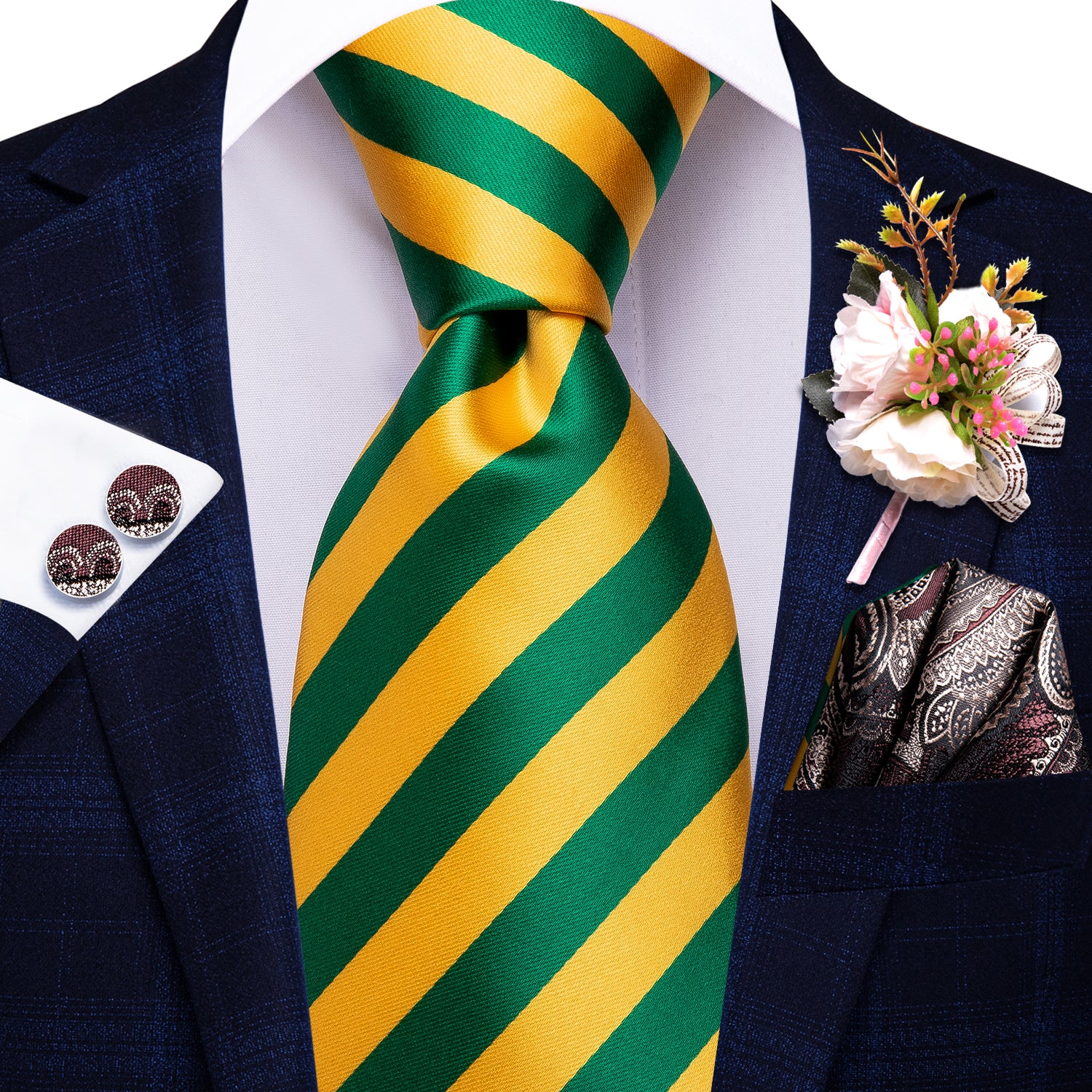 Yellow Green Striped Tie Pocket Square Cufflinks Set with Wedding Brooch