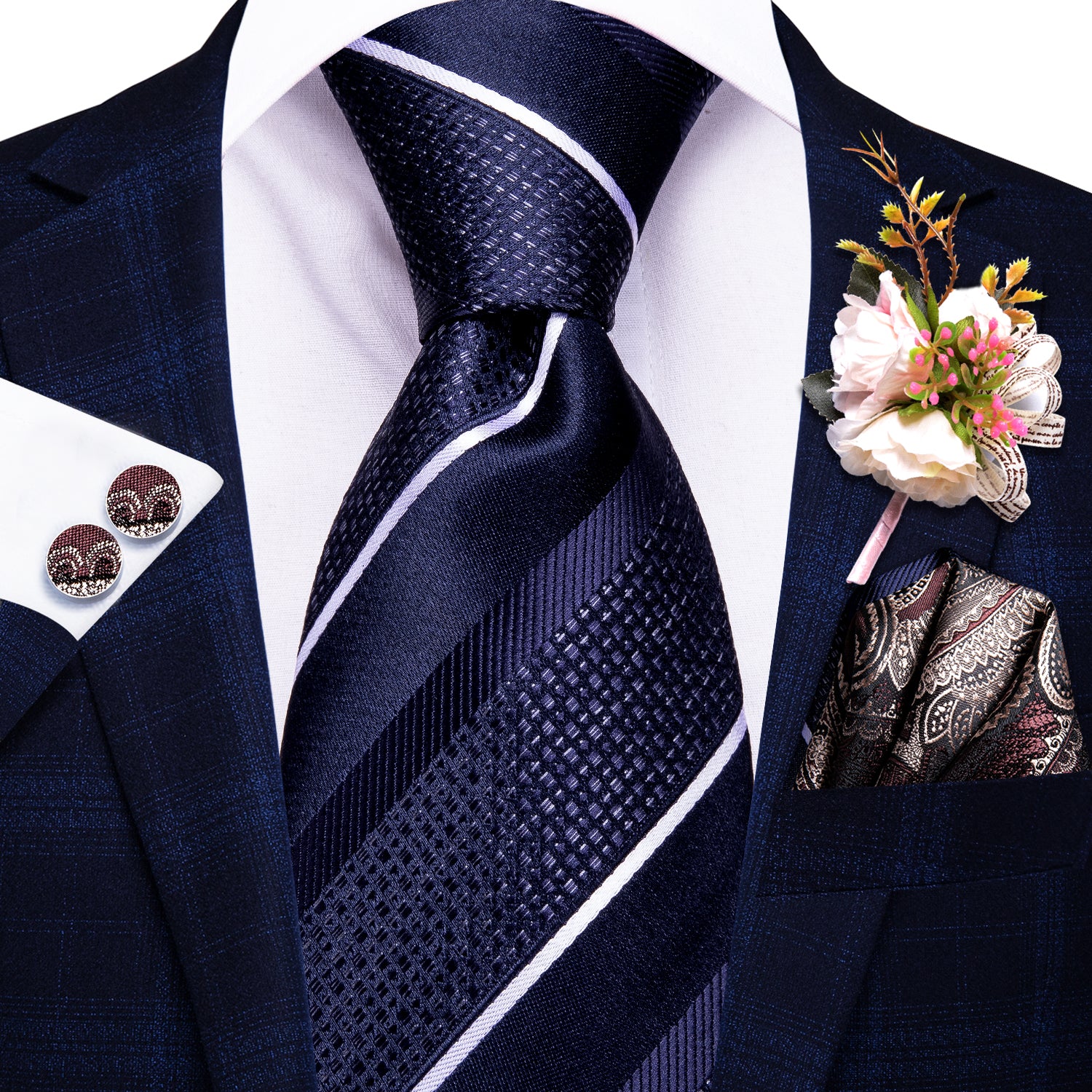 Deep Blue White Striped Tie Pocket Square Cufflinks Set with Wedding Brooch