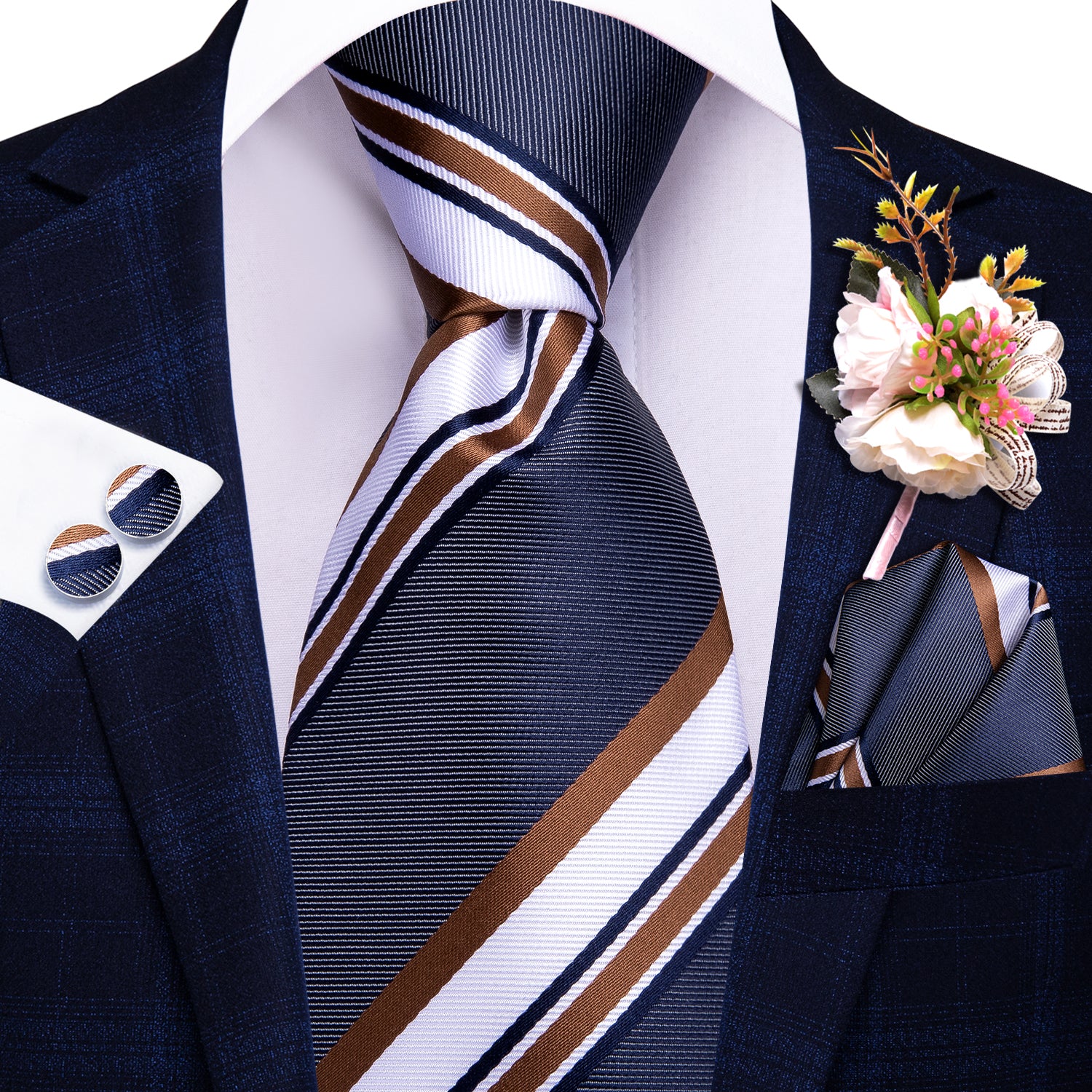 Hi-Tie Blue Brown White Striped Tie Handkerchief Cufflinks Set with Wedding Brooch