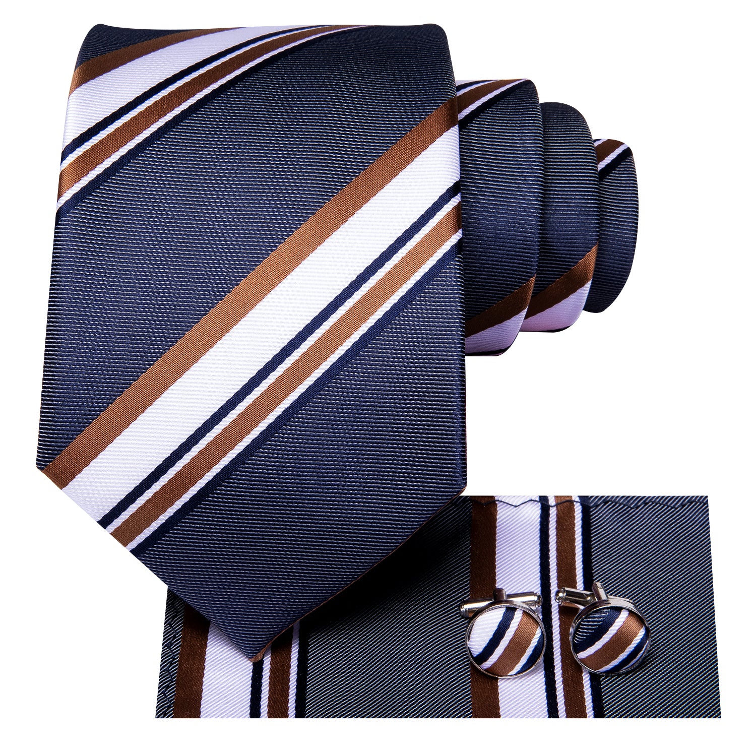 Blue Brown White Striped Tie Pocket Square Cufflinks Set