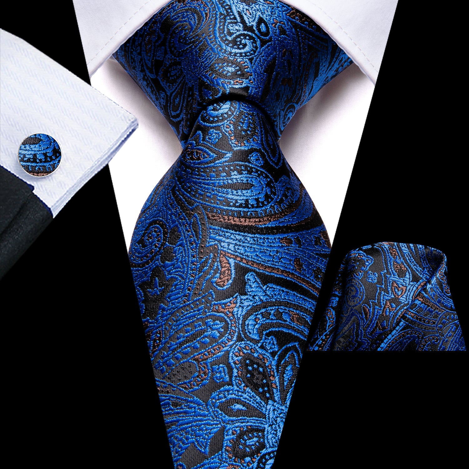 Blue Black Paisley Men's Necktie Pocket Square Cufflinks Set