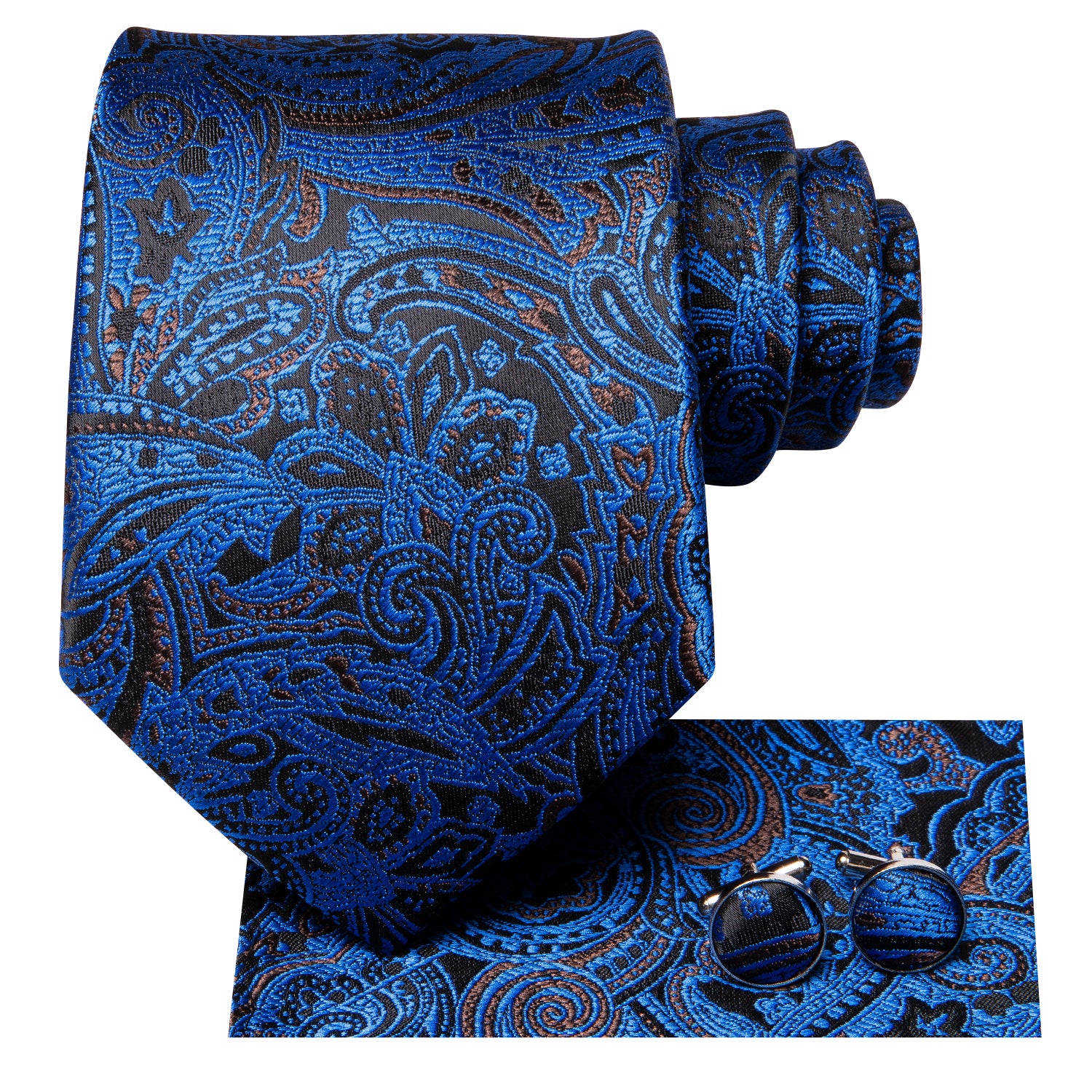 Blue Black Paisley Men's Necktie Pocket Square Cufflinks Set