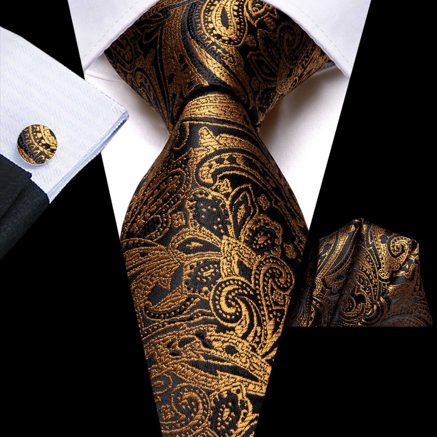Golden Black Floral Tie Pocket Square Cufflinks Set