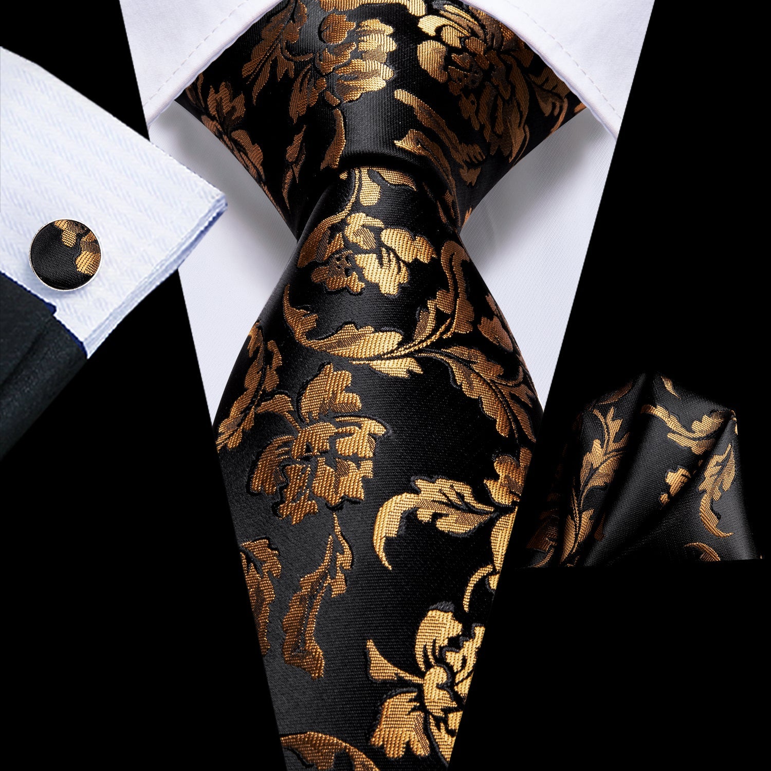 Black Golden Floral 70 Inches Extra Long Tie Pocket Square Cufflinks Set