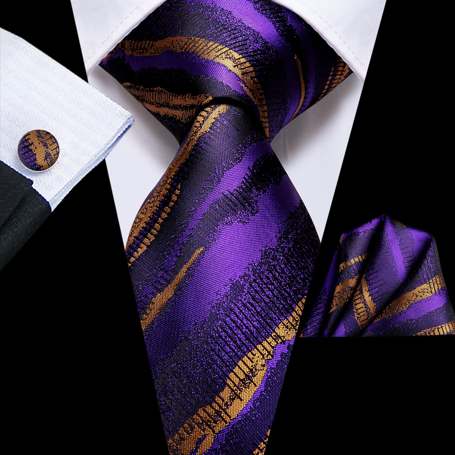 Purple Goldenrod Stiped Tie Pocket Square Cufflinks Set