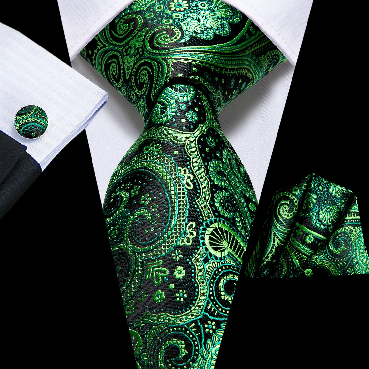 Silk Ties Black Green Paisley Tie Pocket Square Cufflinks Set