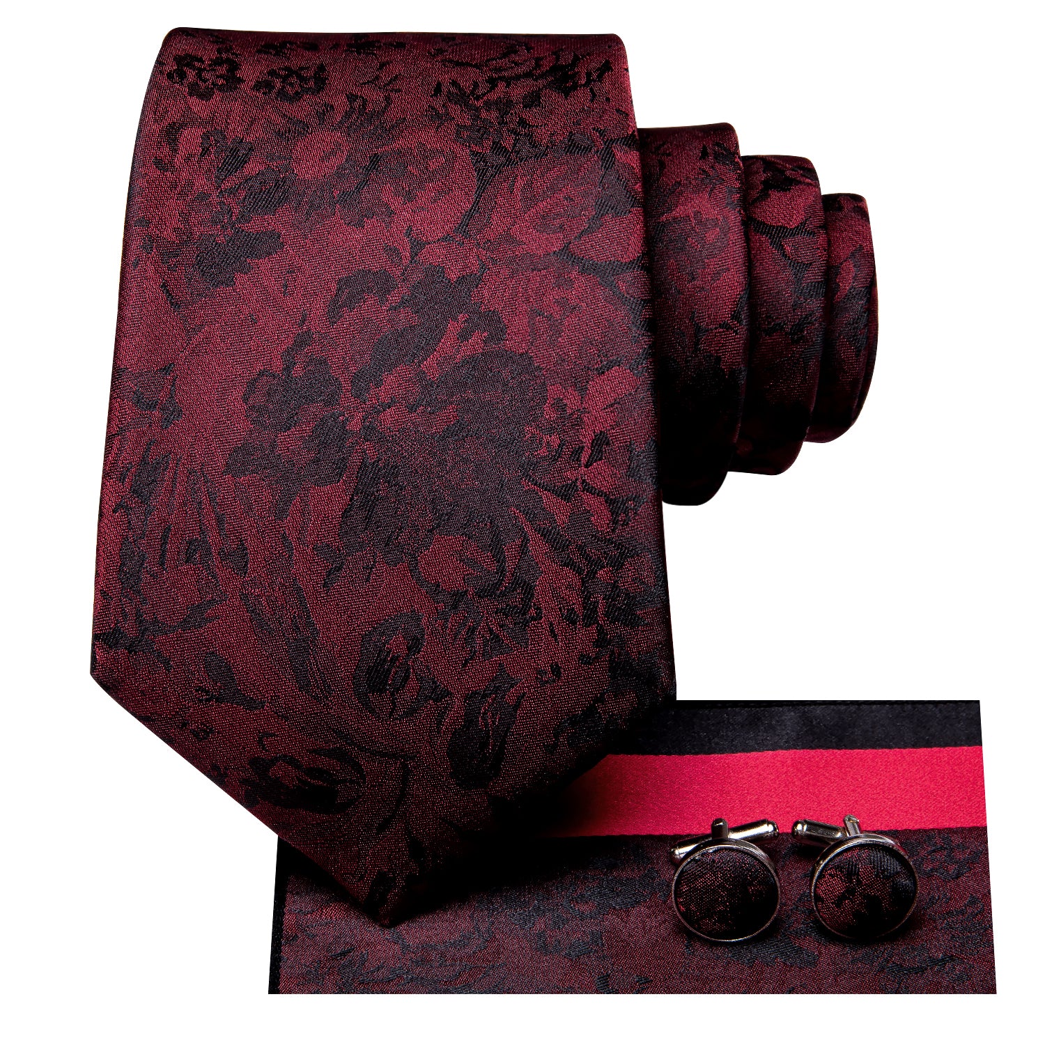Wine Red Necktie Black Floral Tie Pocket Square Cufflinks Set