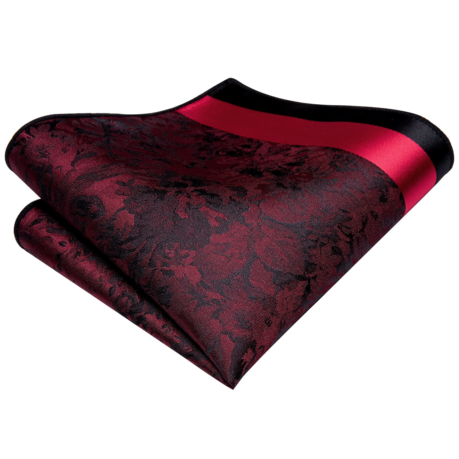 Wine Red Necktie Black Floral Tie Pocket Square Cufflinks Set