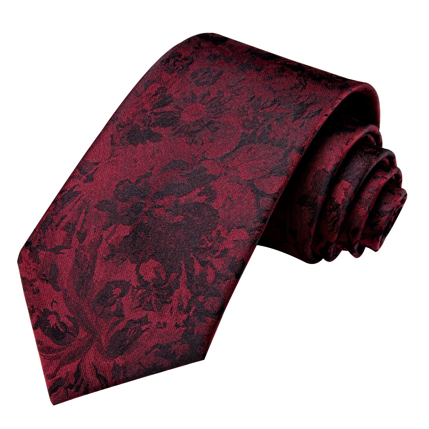 Wine Red Necktie Black Floral Tie Pocket Square Cufflinks Set