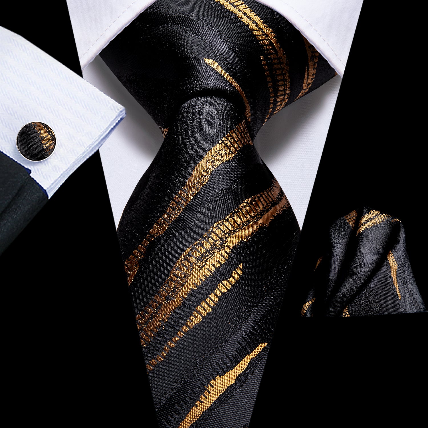 Black Tie Gold Jacquard Pattern Tie Pocket Square Cufflinks Set