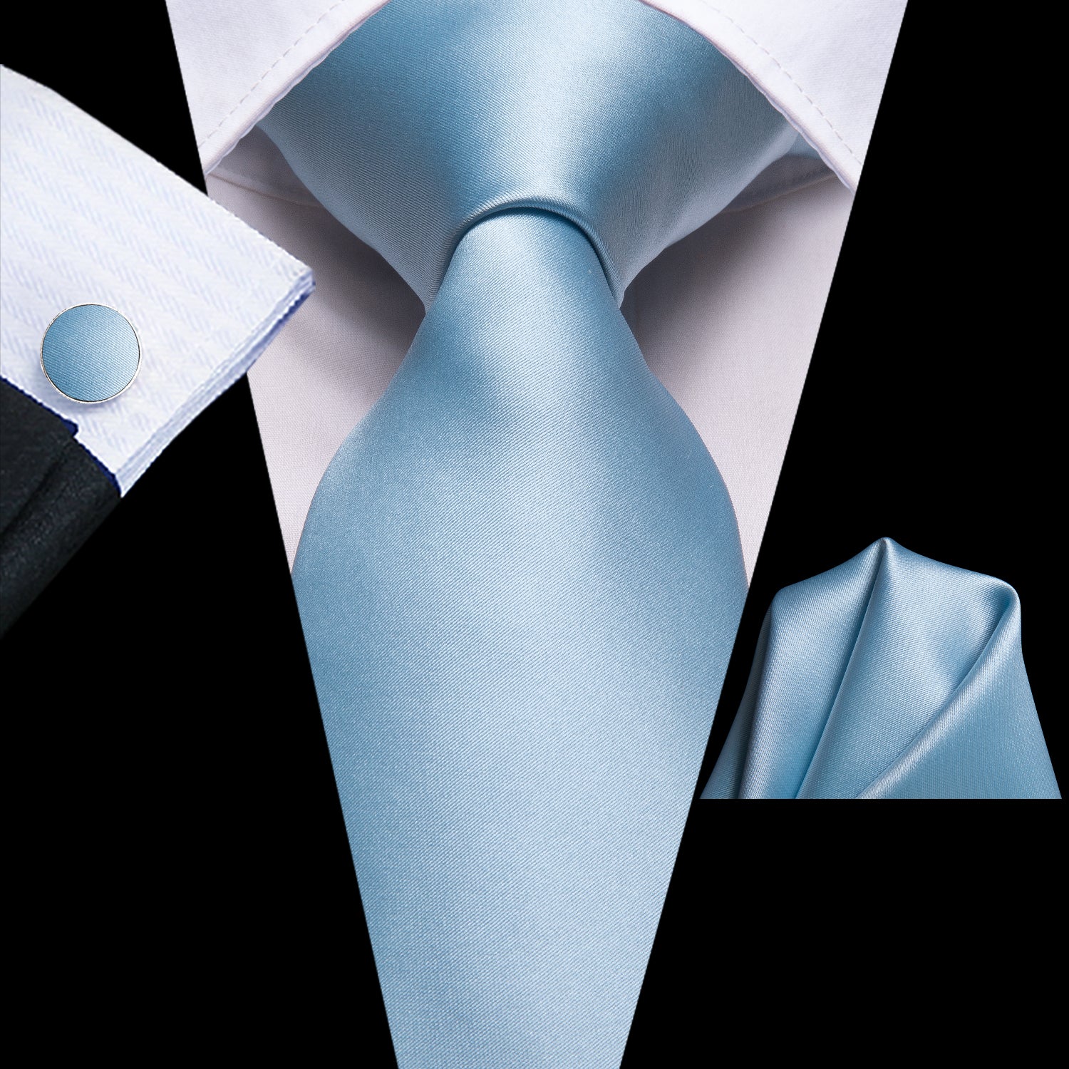 Light Blue Solid Tie Pocket Square Cufflinks Set