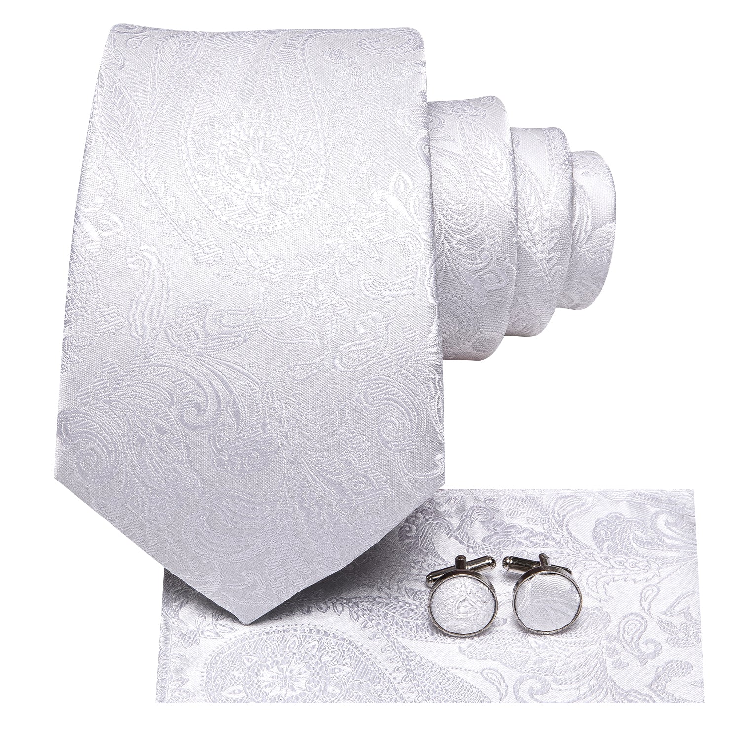 Pure White Paisley Men's Necktie Pocket Square Cufflinks Set