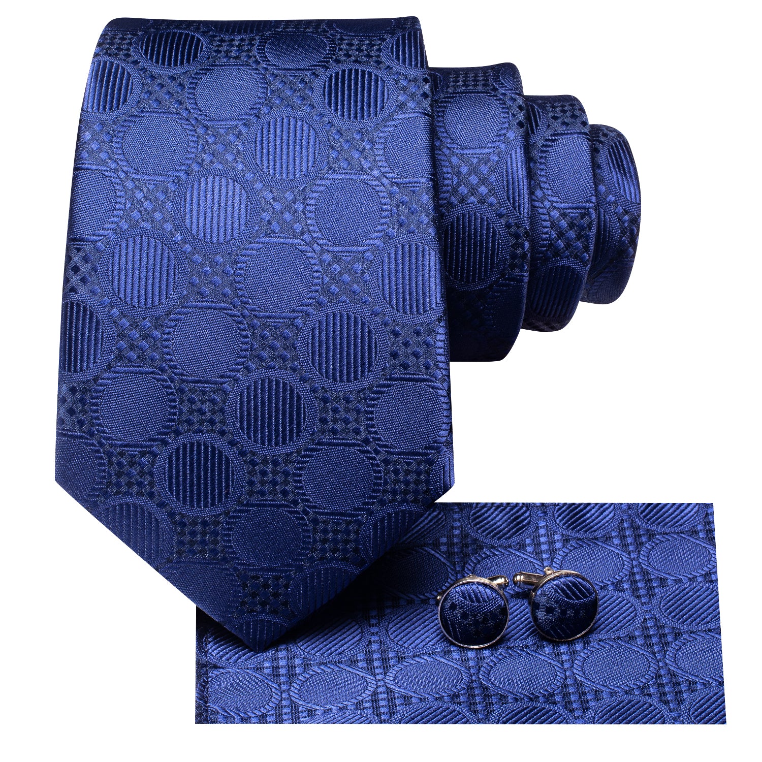 Mens Navy Blue Necktie Circle Tie Pocket Square Cufflinks Set