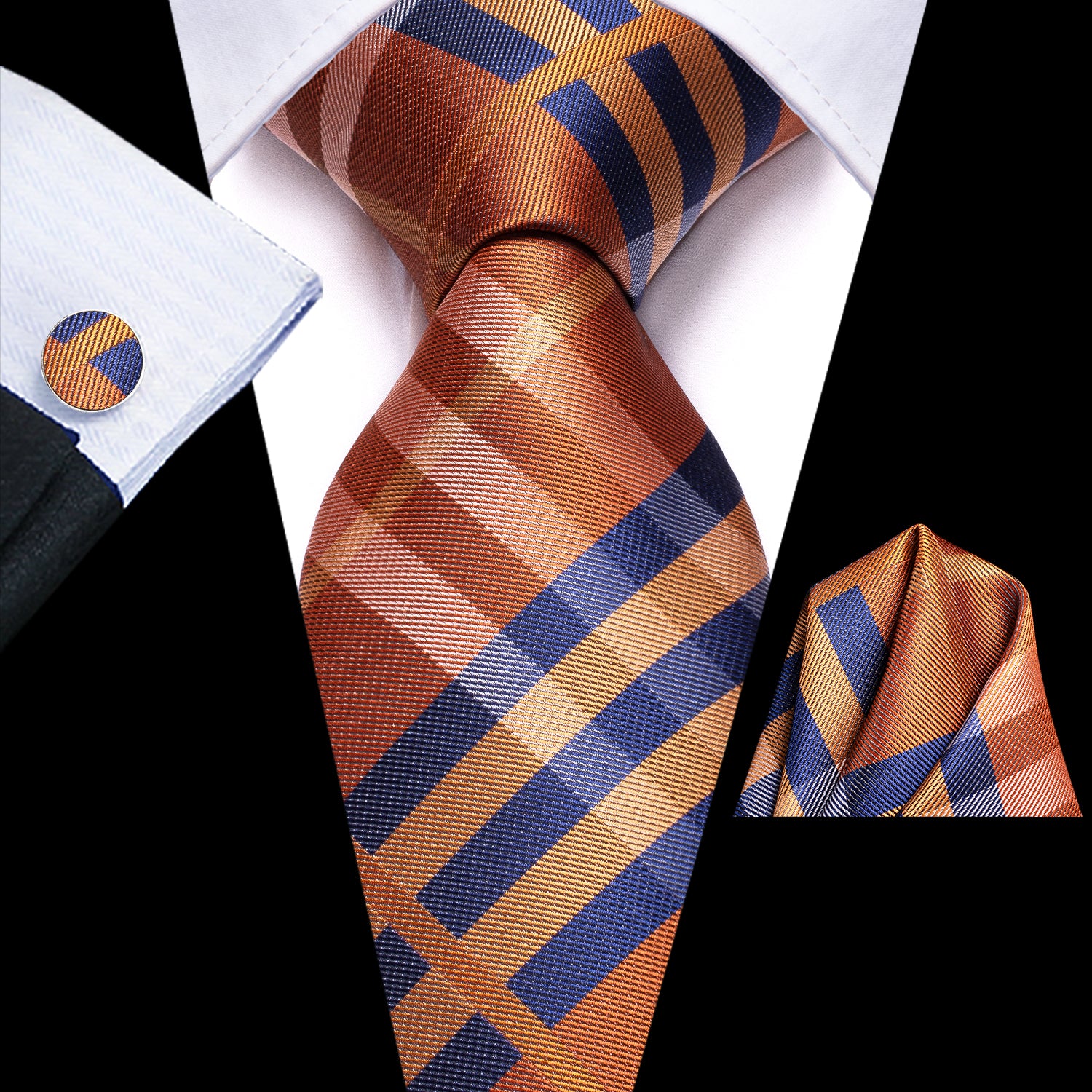Orange Necktie Blue Checkered Tie Pocket Square Cufflinks Set