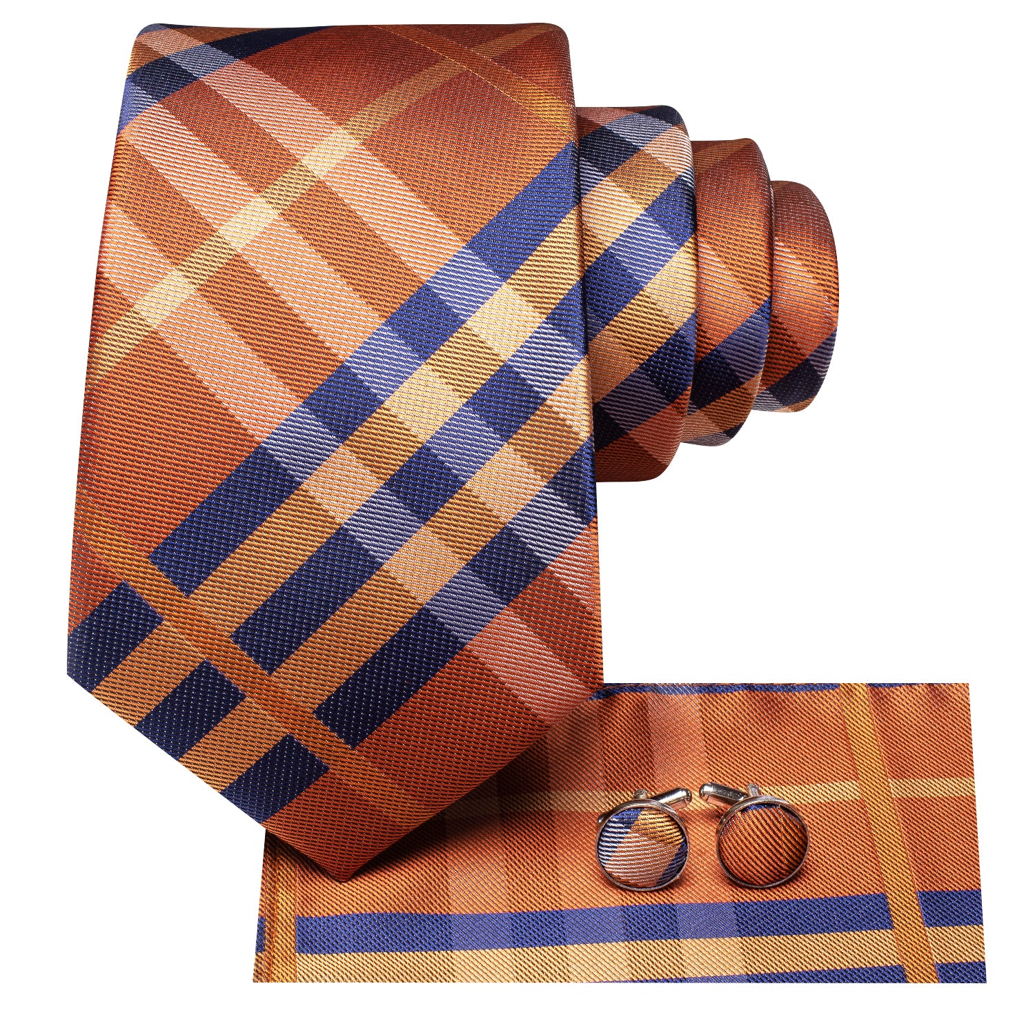 Orange Blue Strip Tie Pocket Square Cufflinks Set