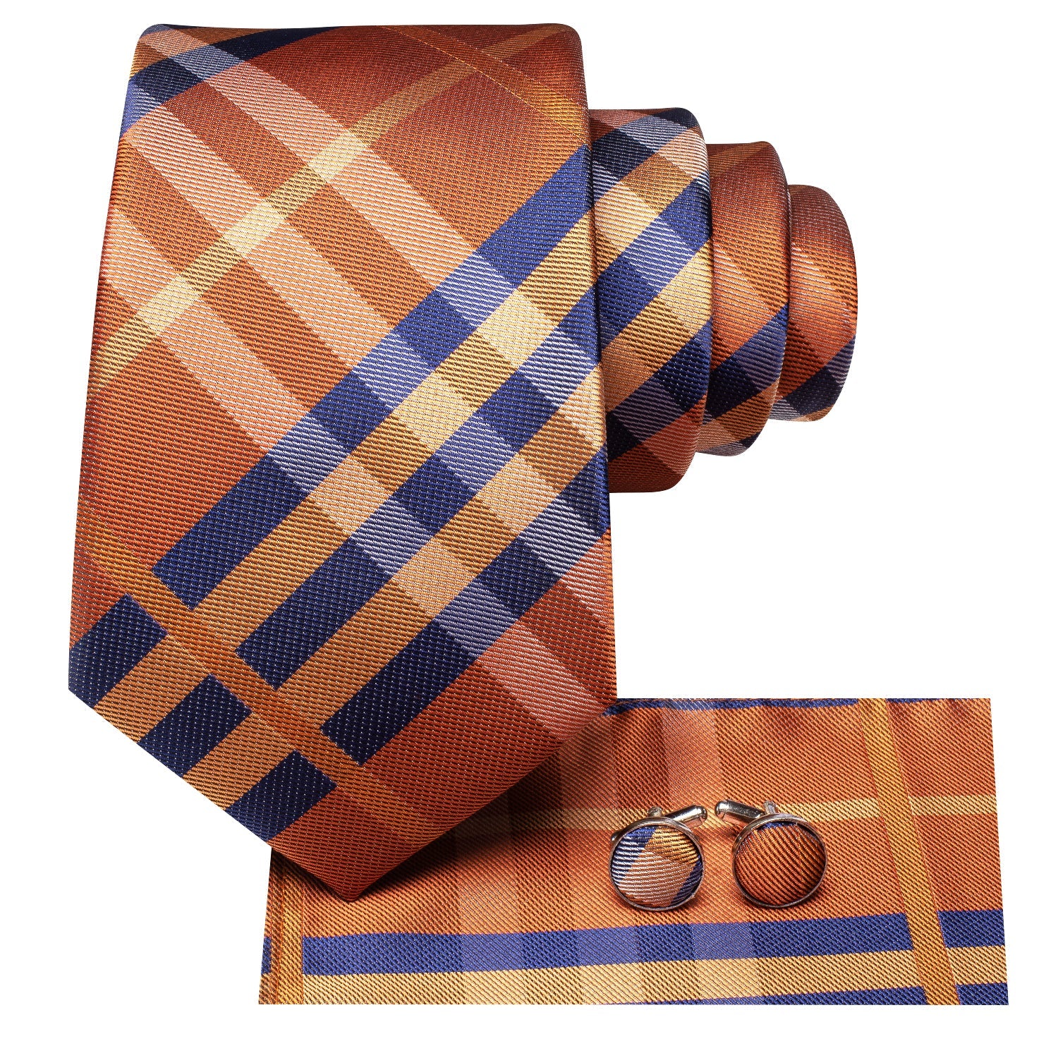Orange Blue Strip 70 Inches Extra Long Tie Pocket Square Cufflinks Set