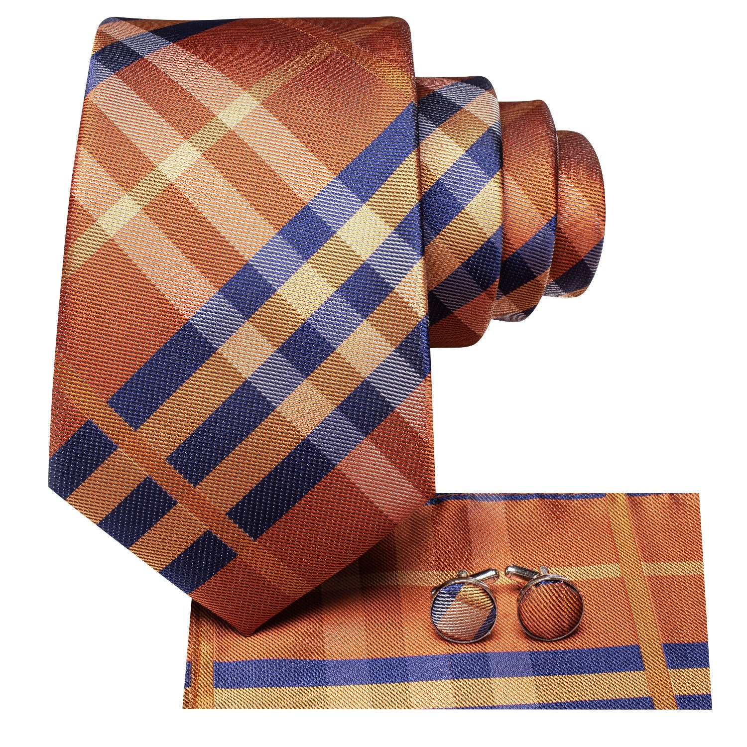 Orange Blue Stripe 67 Inches Extra Long Tie Hanky Cufflinks Set