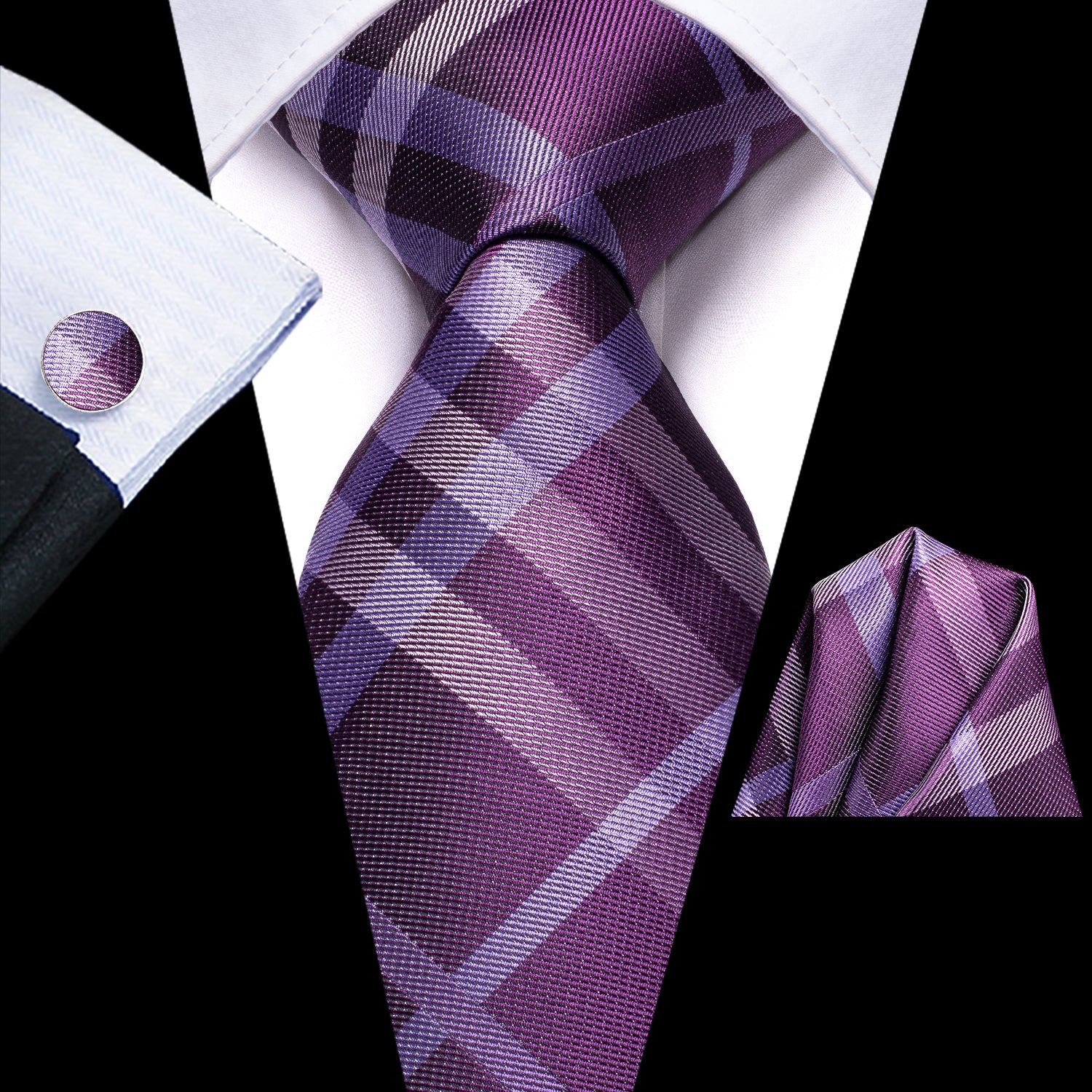 Gradient Purple Strip Tie Pocket Square Cufflinks Set