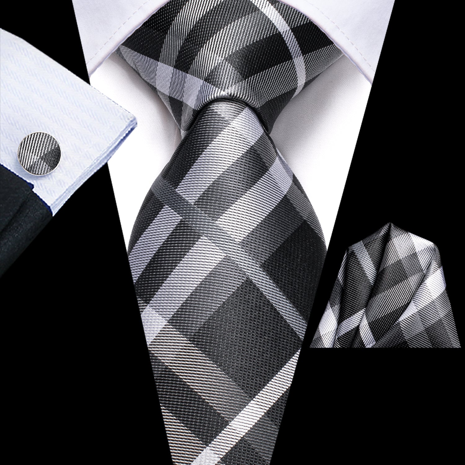 Gradient Grey Strip Tie Pocket Square Cufflinks Set