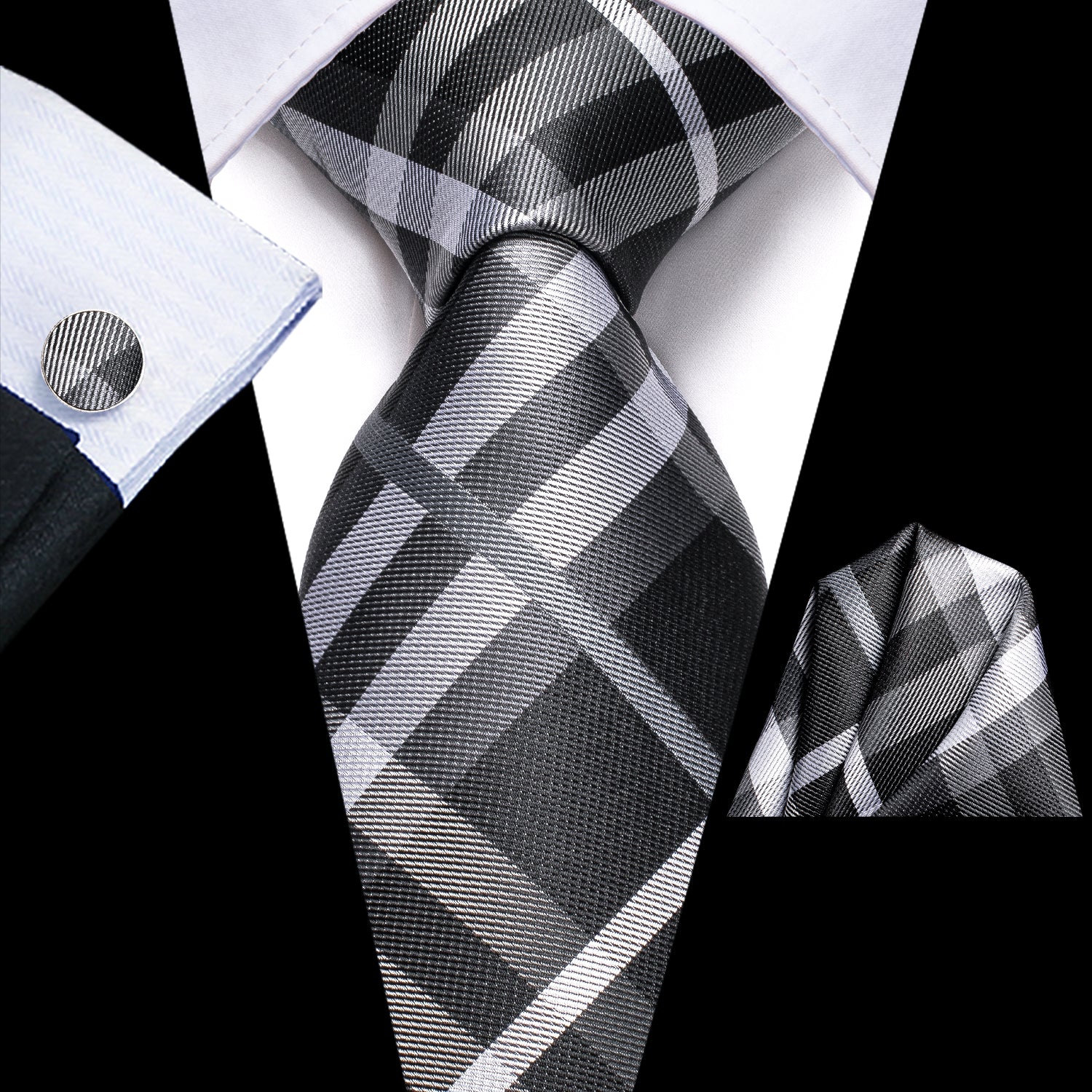 Checkered Necktie Grey Striped Tie Pocket Square Cufflinks Set