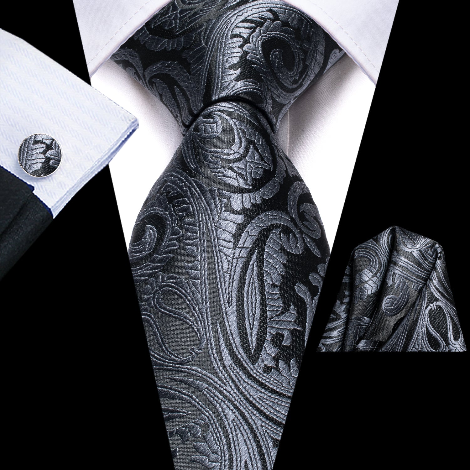 Black Grey Paisley Men's Necktie Pocket Square Cufflinks Set