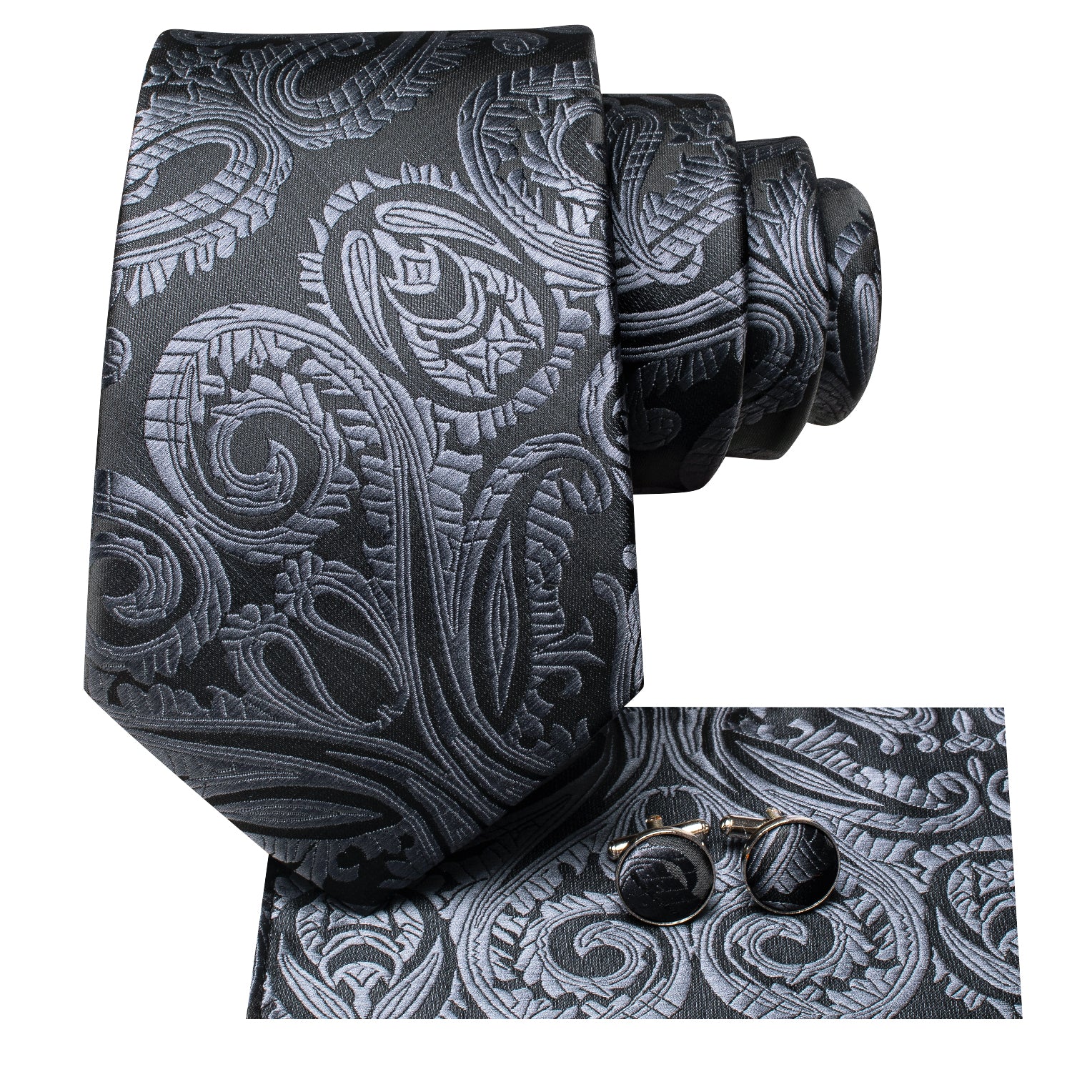 Black Grey Paisley Tie Pocket Square Cufflinks Set