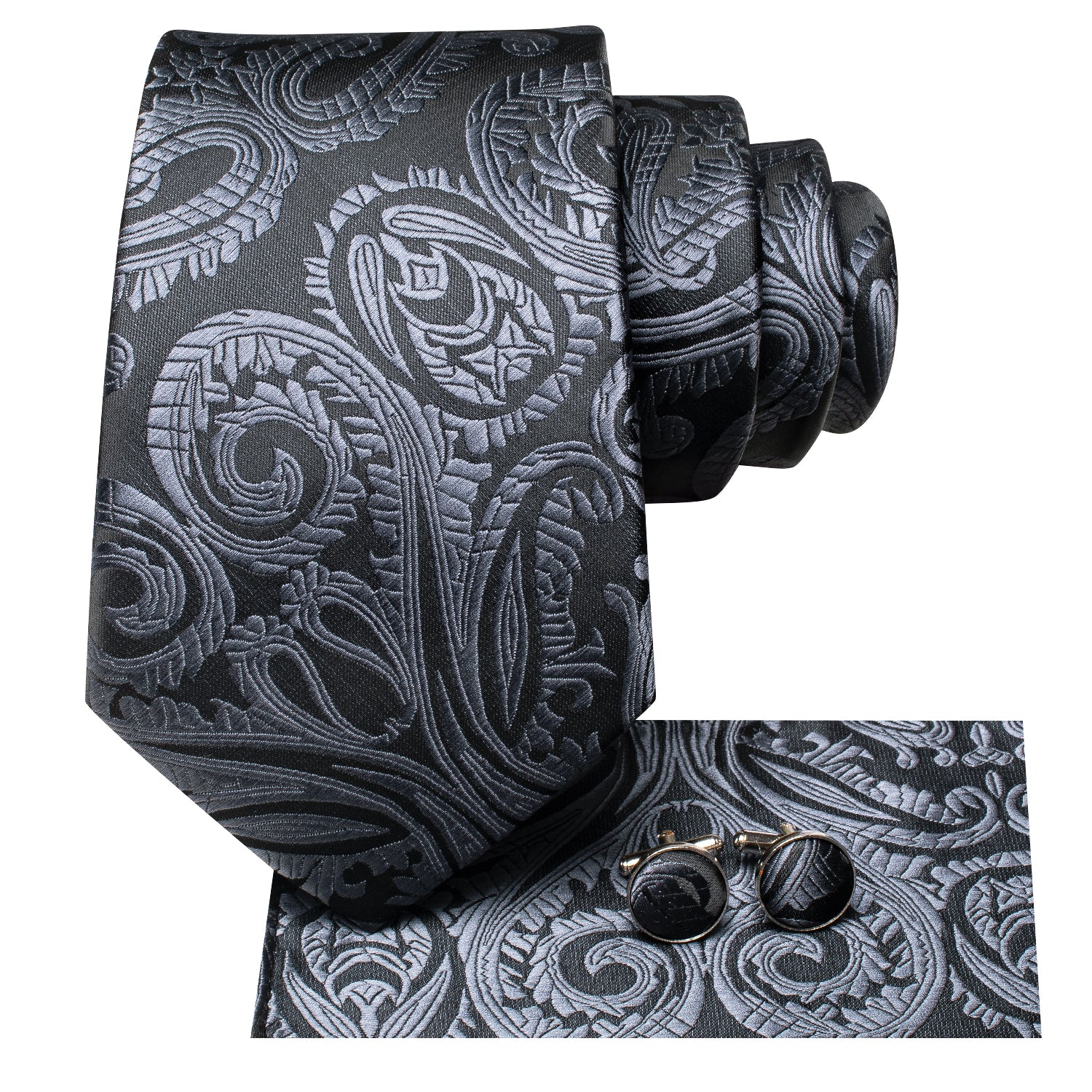 Black Grey Paisley Men's Necktie Pocket Square Cufflinks Set