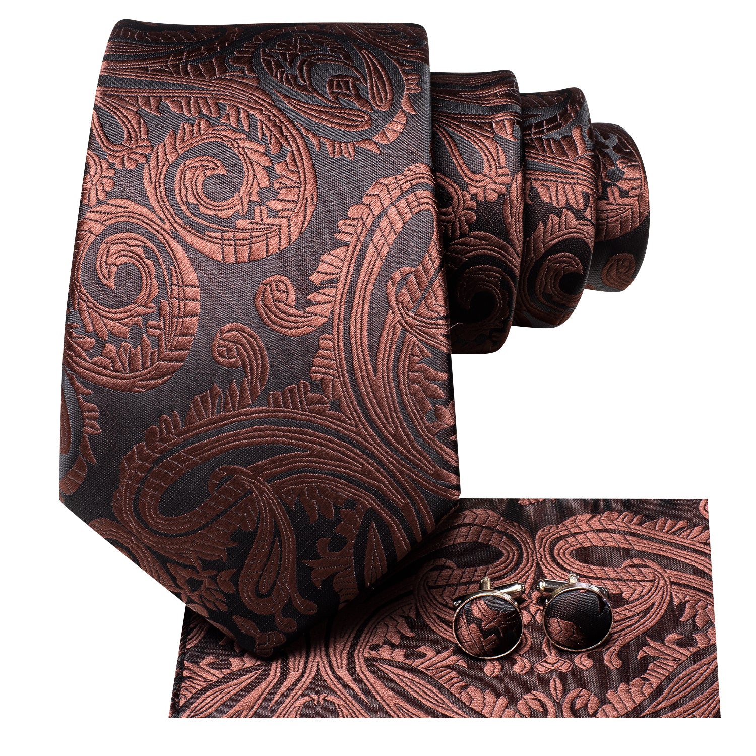 Brown Black Paisley Tie Pocket Square Cufflinks Set