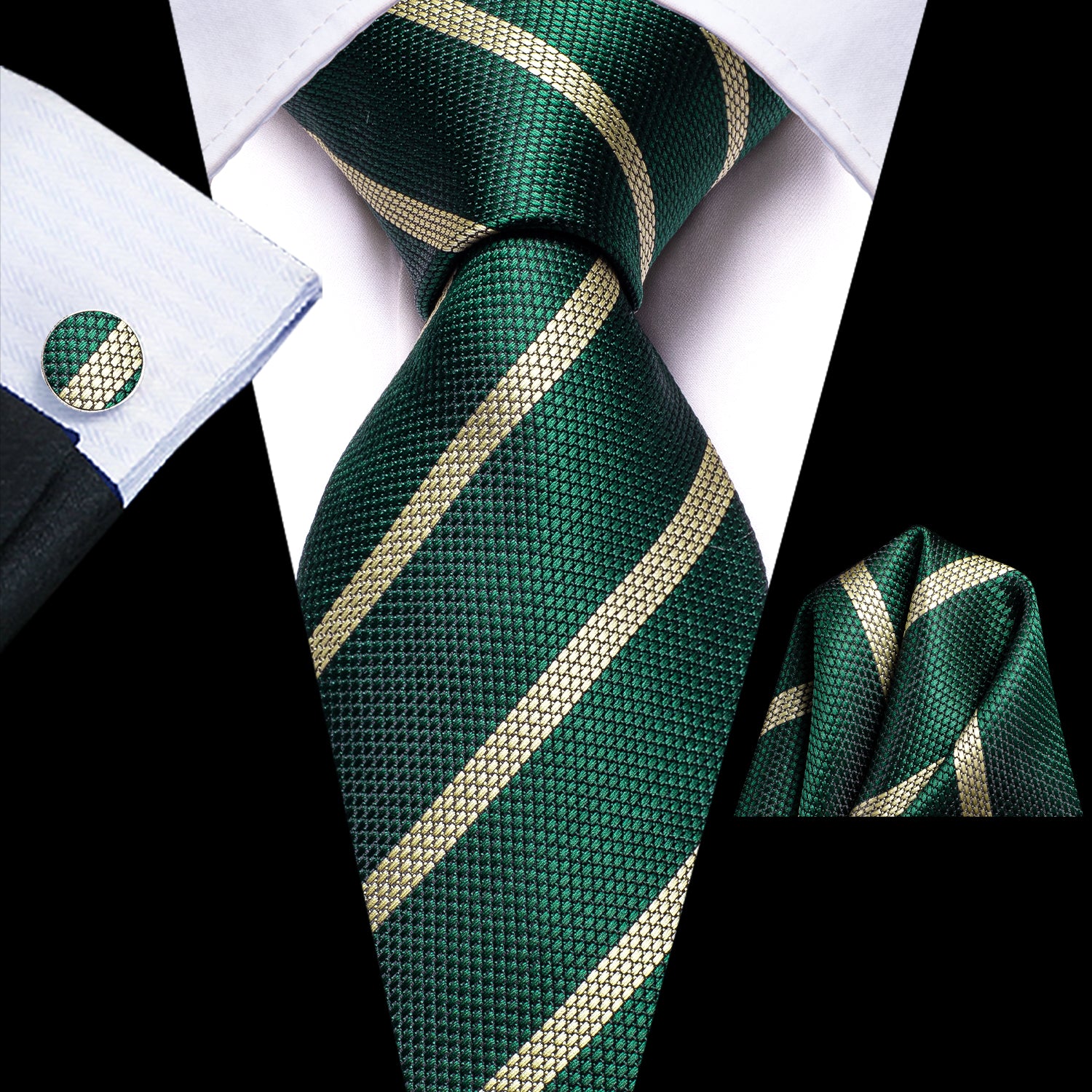 Green Necktie Yellow Striped Tie Pocket Square Cufflinks Set