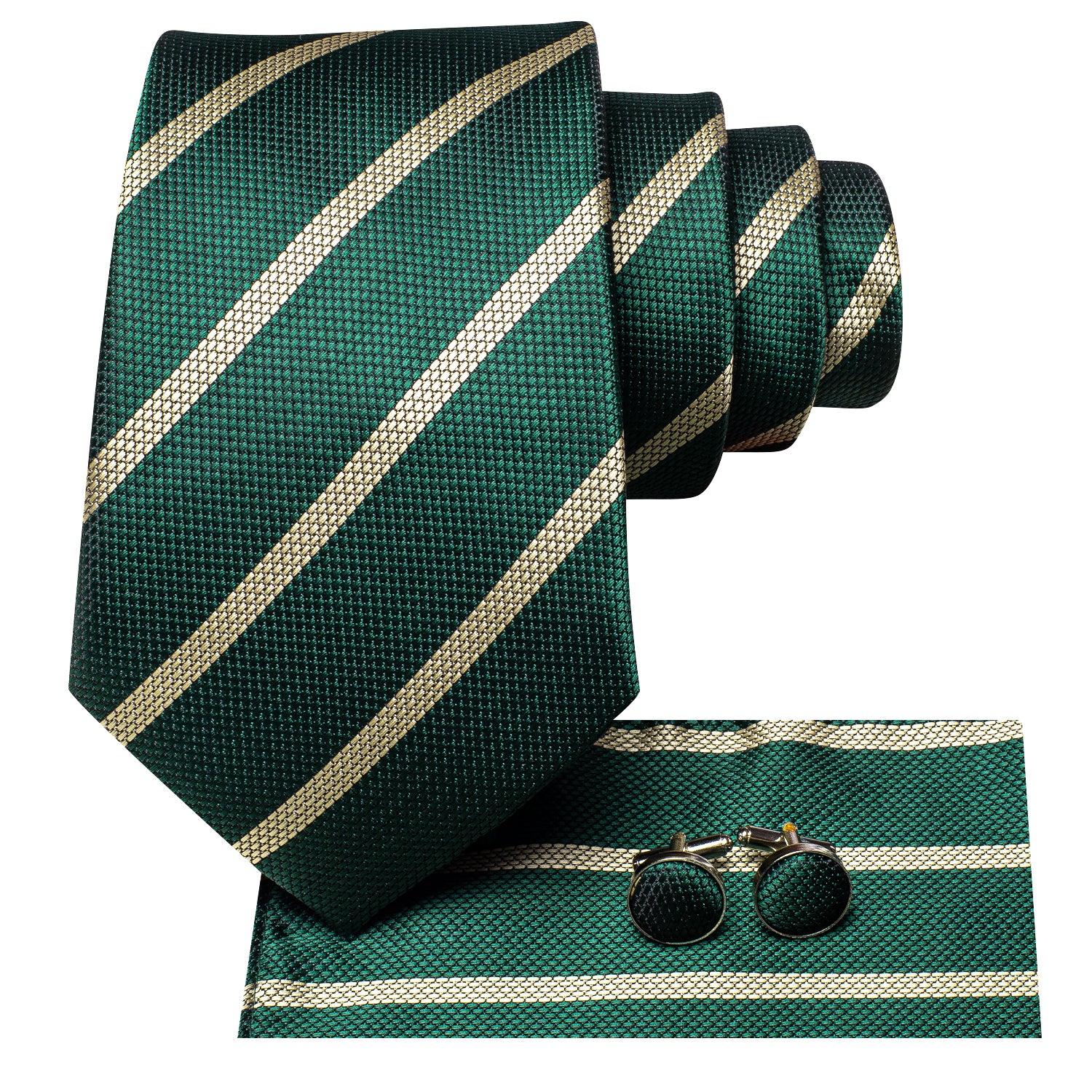 Green Necktie Yellow Striped Tie Pocket Square Cufflinks Set