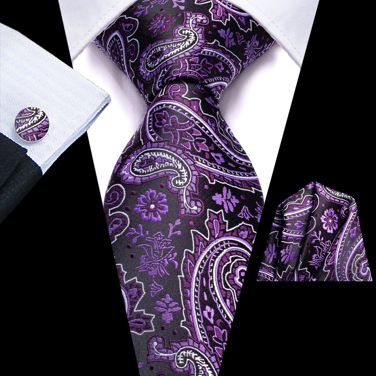 Purple White Paisley Tie Pocket Square Cufflinks Set