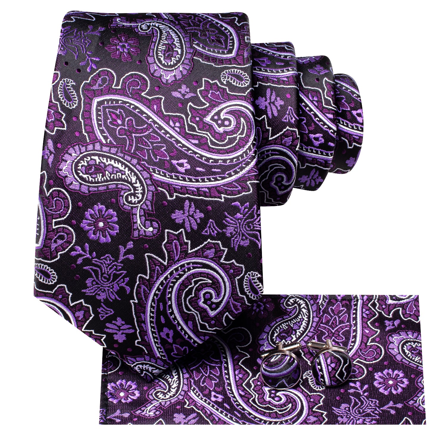 Purple White Paisley Tie Pocket Square Cufflinks Set