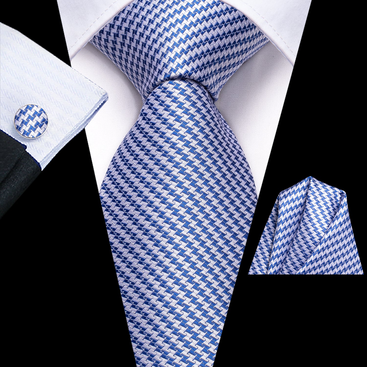 Blue White Sawtooth Tie Pocket Square Cufflinks Set
