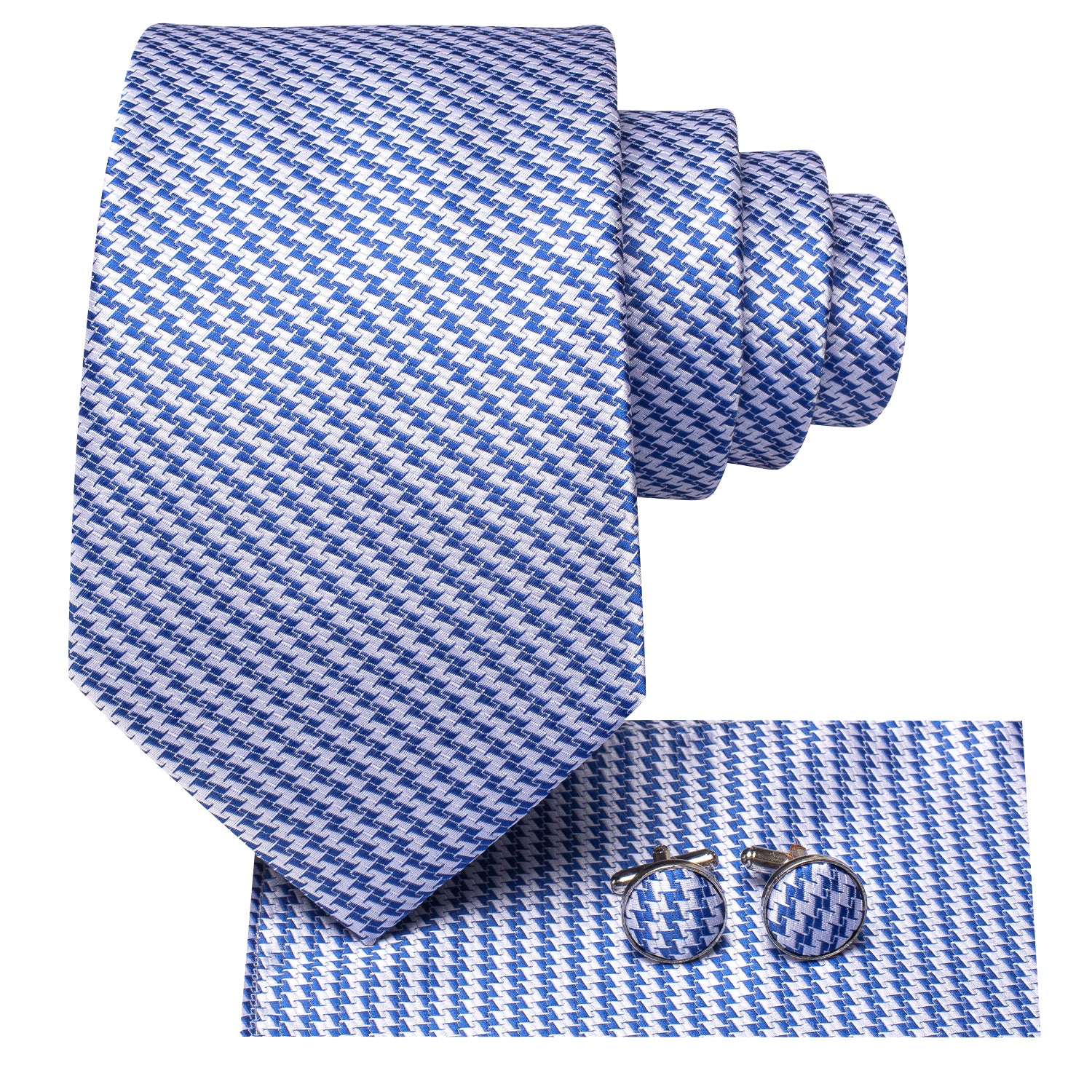 Blue White Sawtooth Tie Pocket Square Cufflinks Set