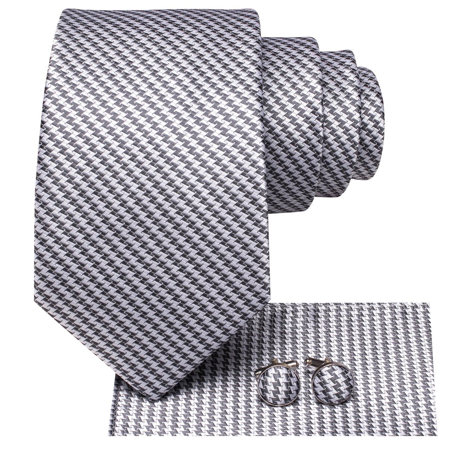 Grey White Sawtooth Tie Pocket Square Cufflinks Set