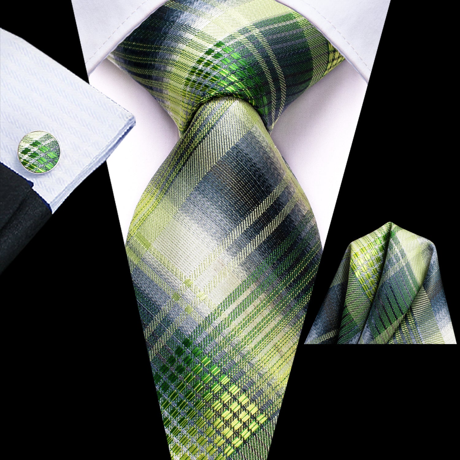 Green Grey Strip Tie Pocket Square Cufflinks Set