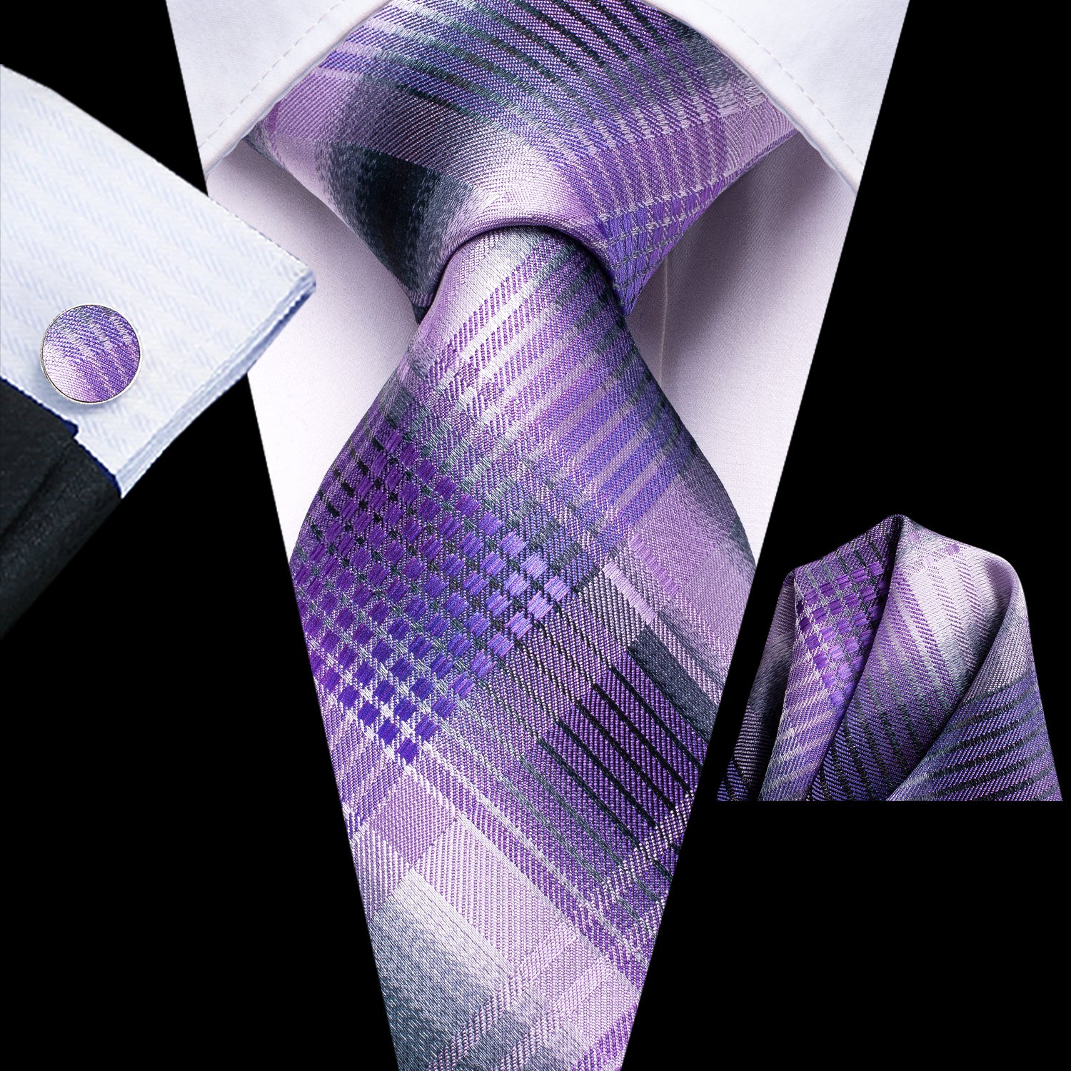 Light Purple Checkered Striped Tie Pocket Square Cufflinks Set