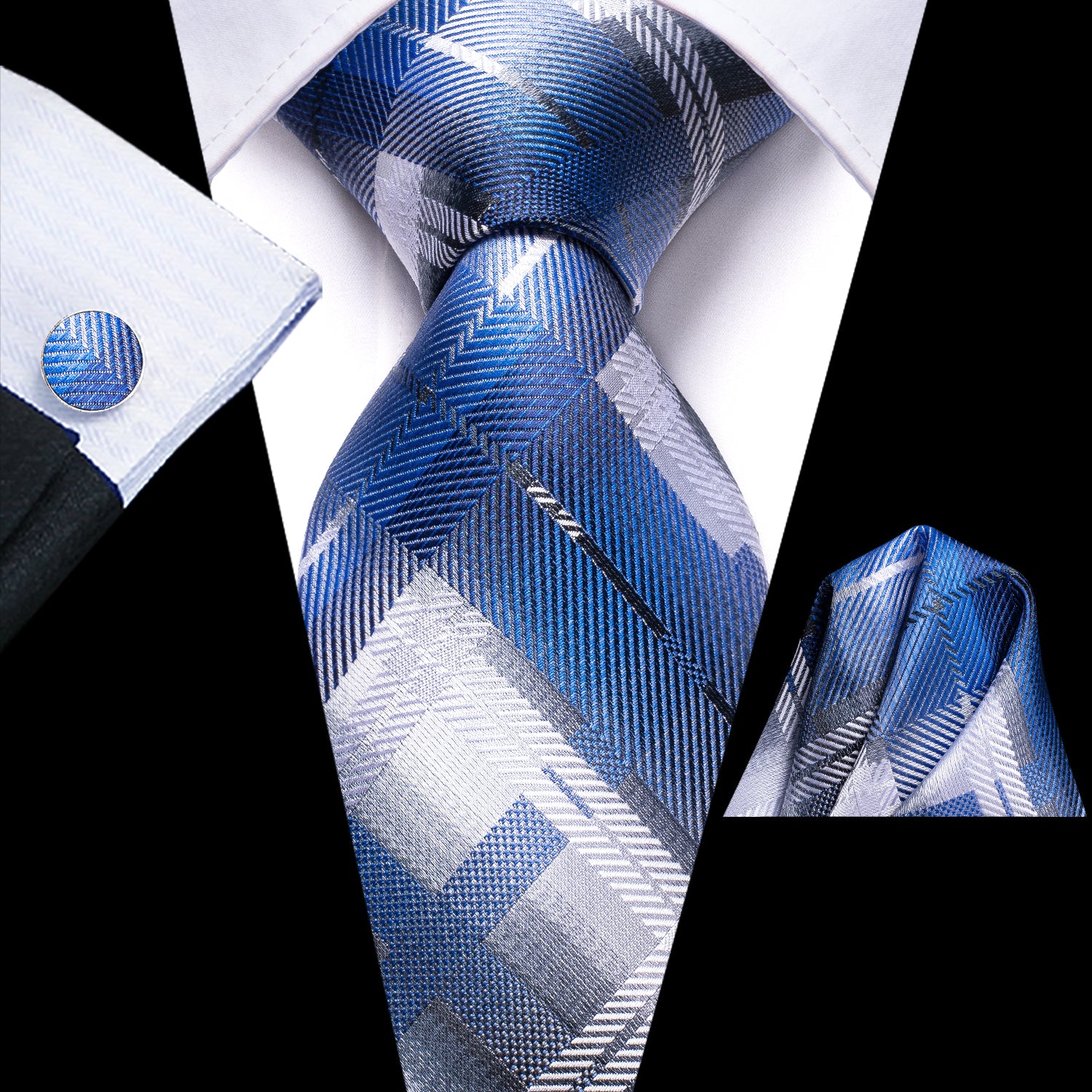 Blue Grey Strip Tie Pocket Square Cufflinks Set