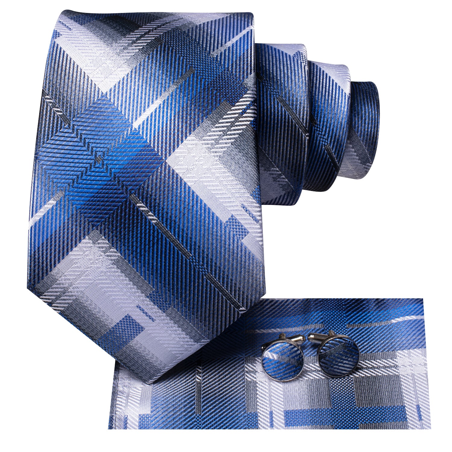 Blue Grey Strip Tie Pocket Square Cufflinks Set