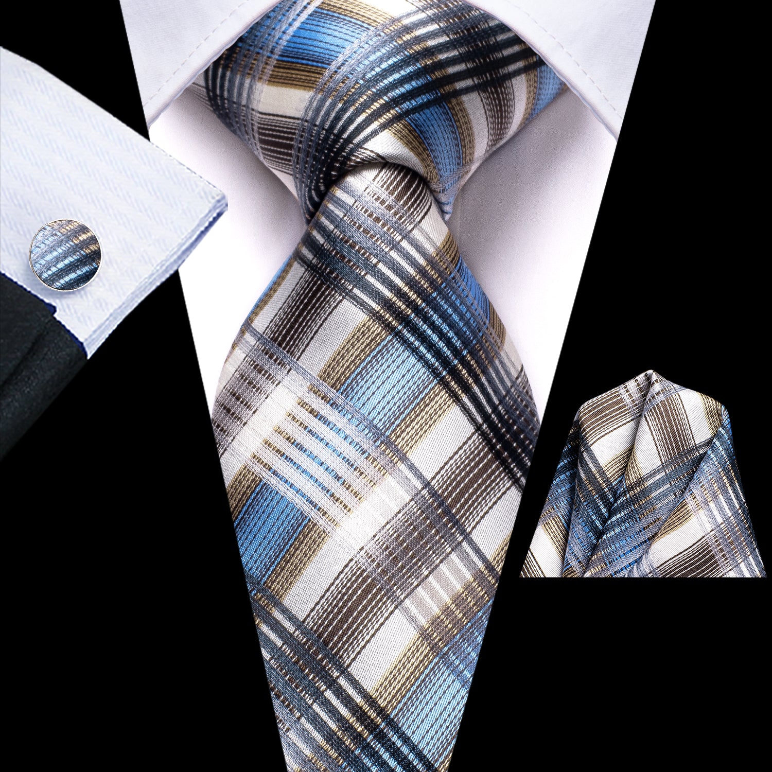 Blue Brown Grey Strip Tie Pocket Square Cufflinks Set