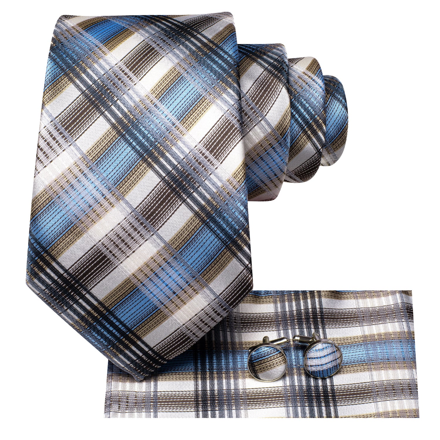 Blue Brown Grey Strip Tie Pocket Square Cufflinks Set