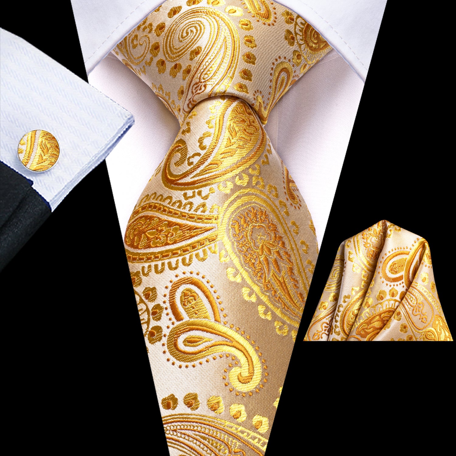 Yellow Champagne Paisley Necktie Pocket Square Cufflinks Set