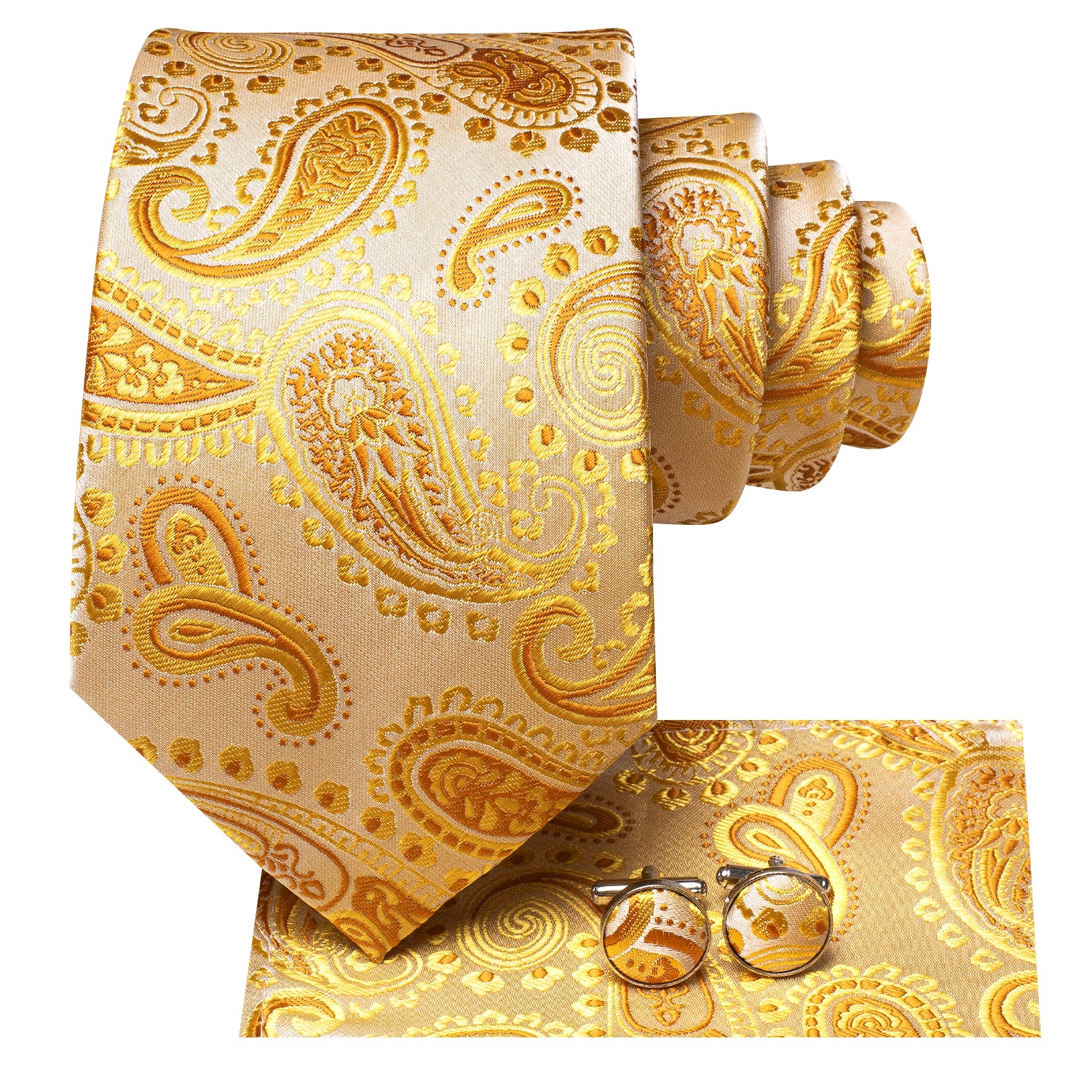 Yellow Champagne Paisley Necktie Pocket Square Cufflinks Set