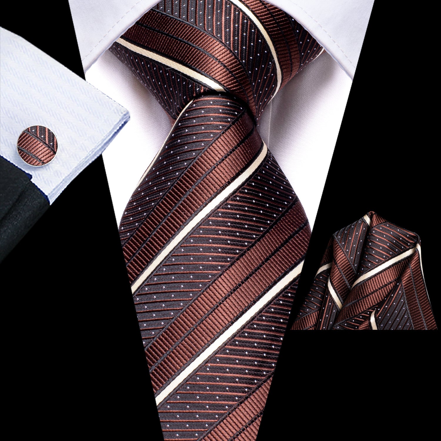Brown White Strip Tie Pocket Square Cufflinks Set